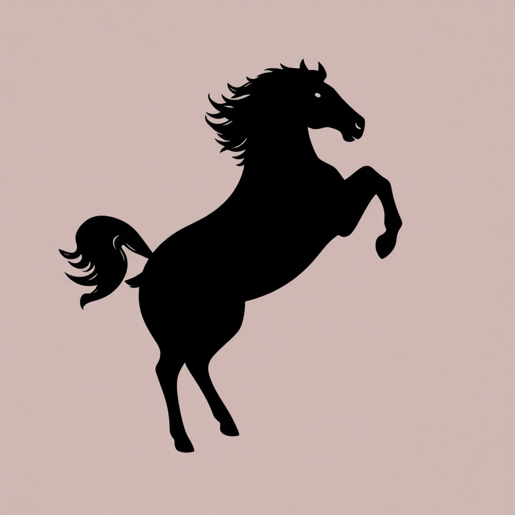 A bold, solid black silhouette of a bucking bronco with intricate details in the horse's mane and tail.