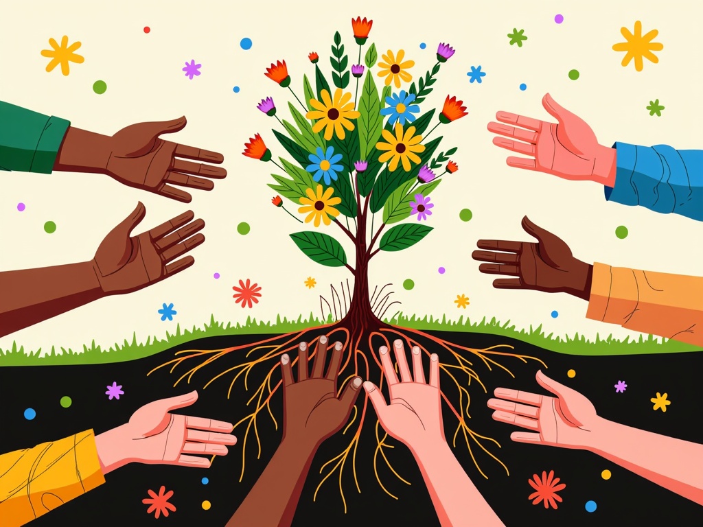 Illustration of diverse hands planting a sapling together, with the roots forming an interconnected network and the tree blossoming into a vibrant ecosystem, symbolizing collective impact and growth.