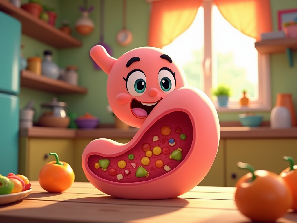 The image shows a cartoon character sitting at a table with a plate of fruit in front of him. On the left side of the image there is a refrigerator, and in the background there are shelves with various objects, a window with a curtain, and a wall.