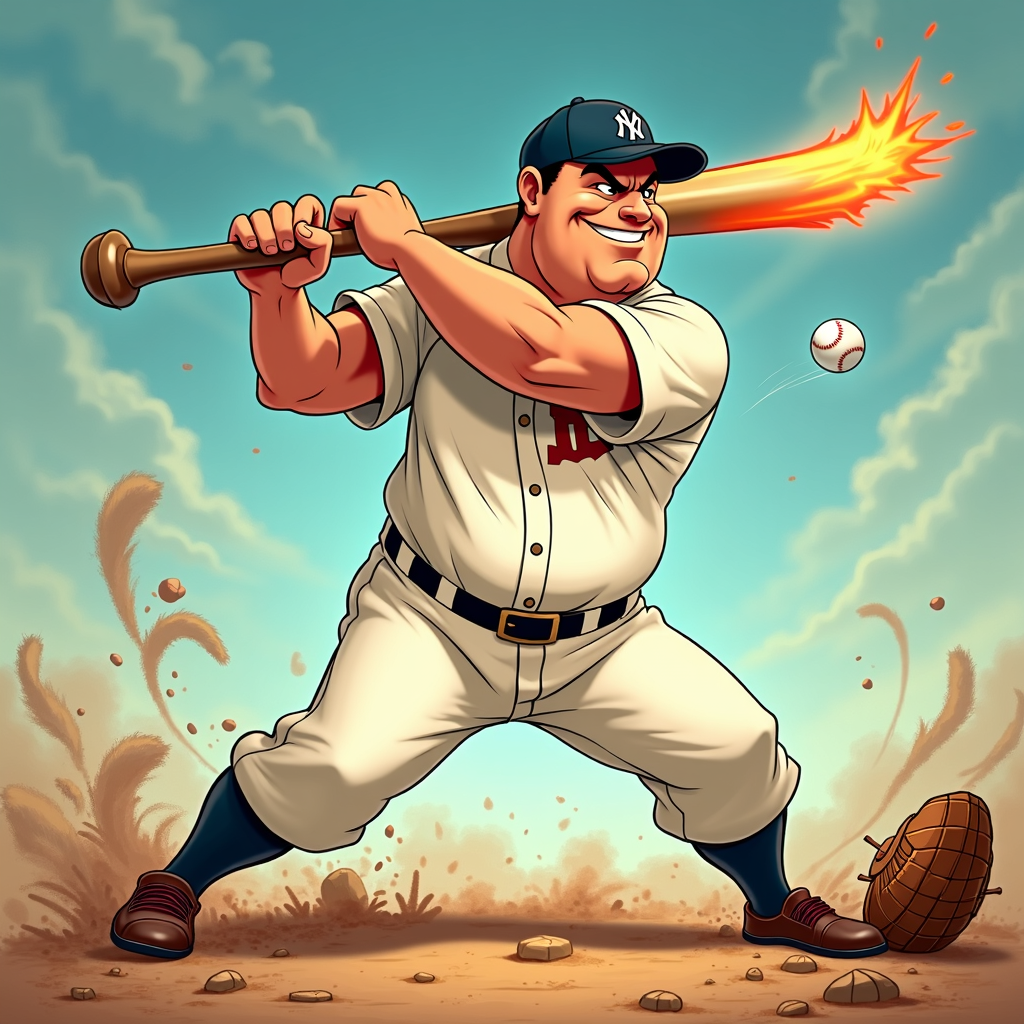 Sub-Design Idea 5: 'The Unstoppable Force Field' - Babe Ruth's exaggerated swing creates a visible aura or shockwave of power that comically affects the immediate surroundings: the ground cracks beneath him, dust and small objects (like the catcher's mask) are violently thrown back, and the air itself seems to distort. The bat might leave a colored 'swoosh' trail of energy, emphasizing the sheer force of his swing.