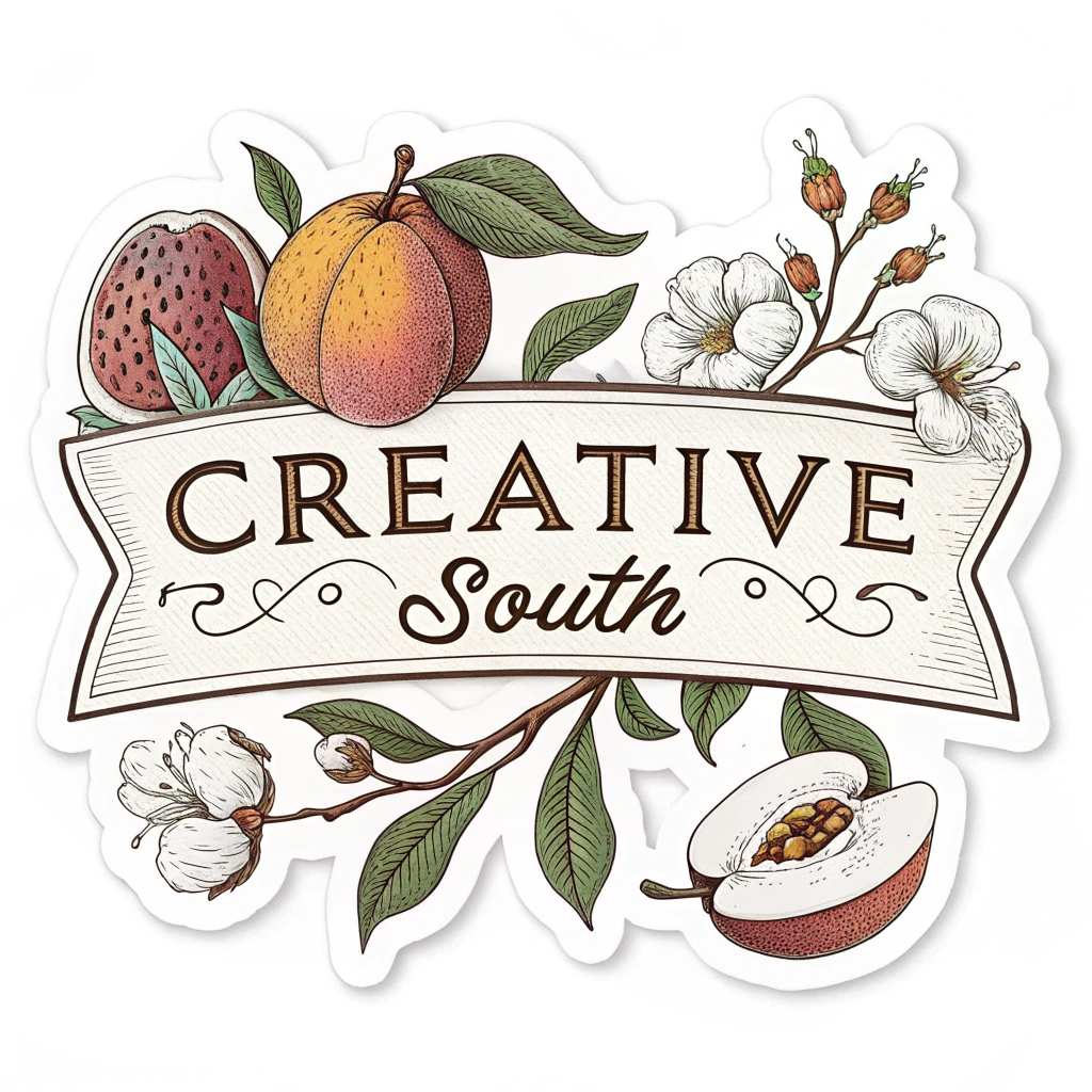 A vintage-inspired sticker with a banner that reads 'Creative South' and includes iconic Southern imagery like peaches or cotton bolls.