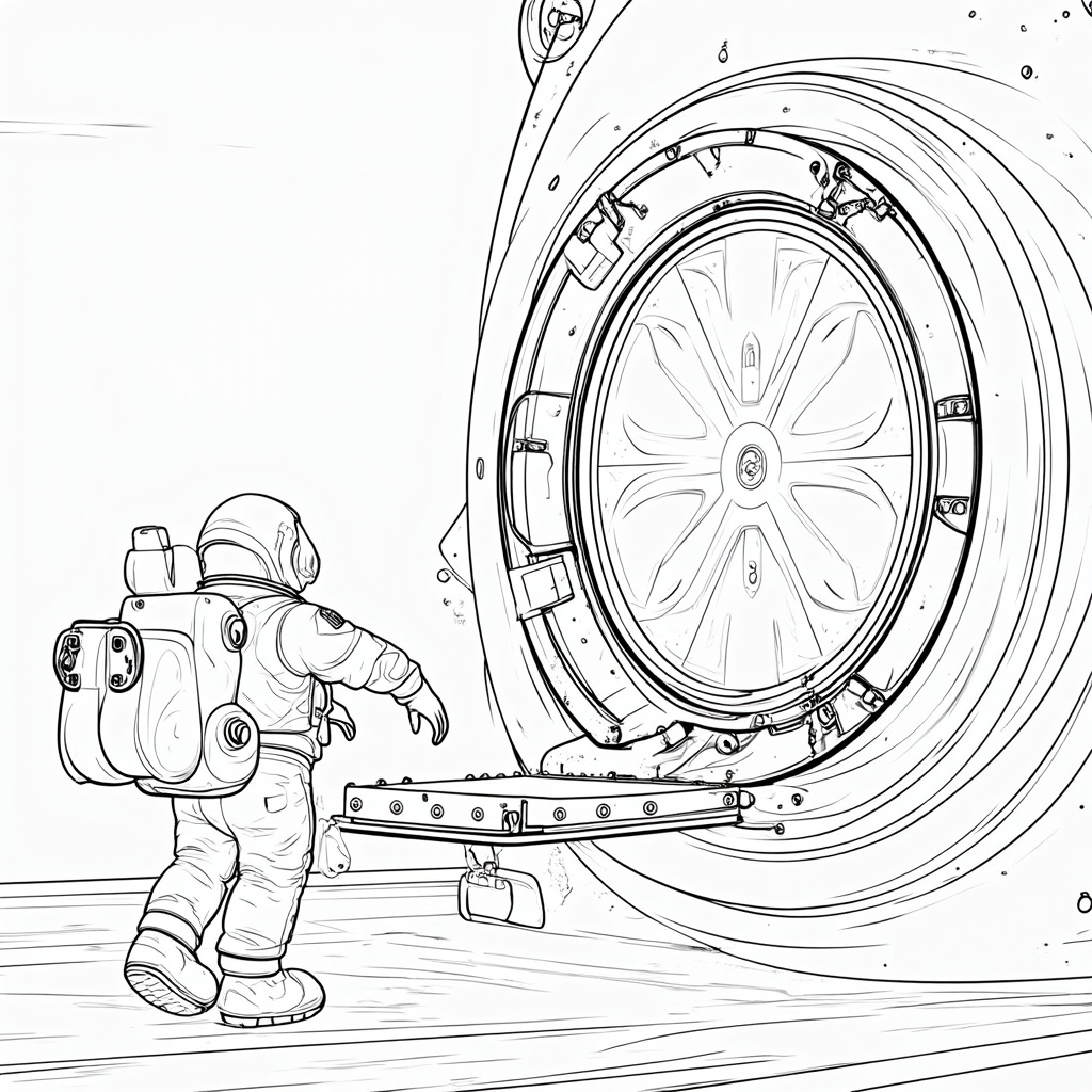 Coloring Page Design Idea 3: Awaiting the Crew. Scene: View towards the Starliner capsule's hatch from the crew access arm, emphasizing the astronaut boarding point. Details: Capsule hatch, exterior textures, access arm mechanics.