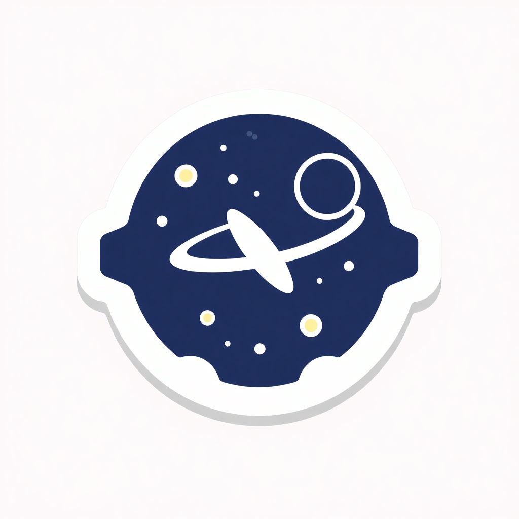 The image is a circular sticker with a blue background and white polka dots. In the center of the sticker, there is a white illustration of a planet with a ring around it. The planet appears to be floating in space, with small white dots scattered around it, giving it a starry appearance. The sticker has a white border around the edges.