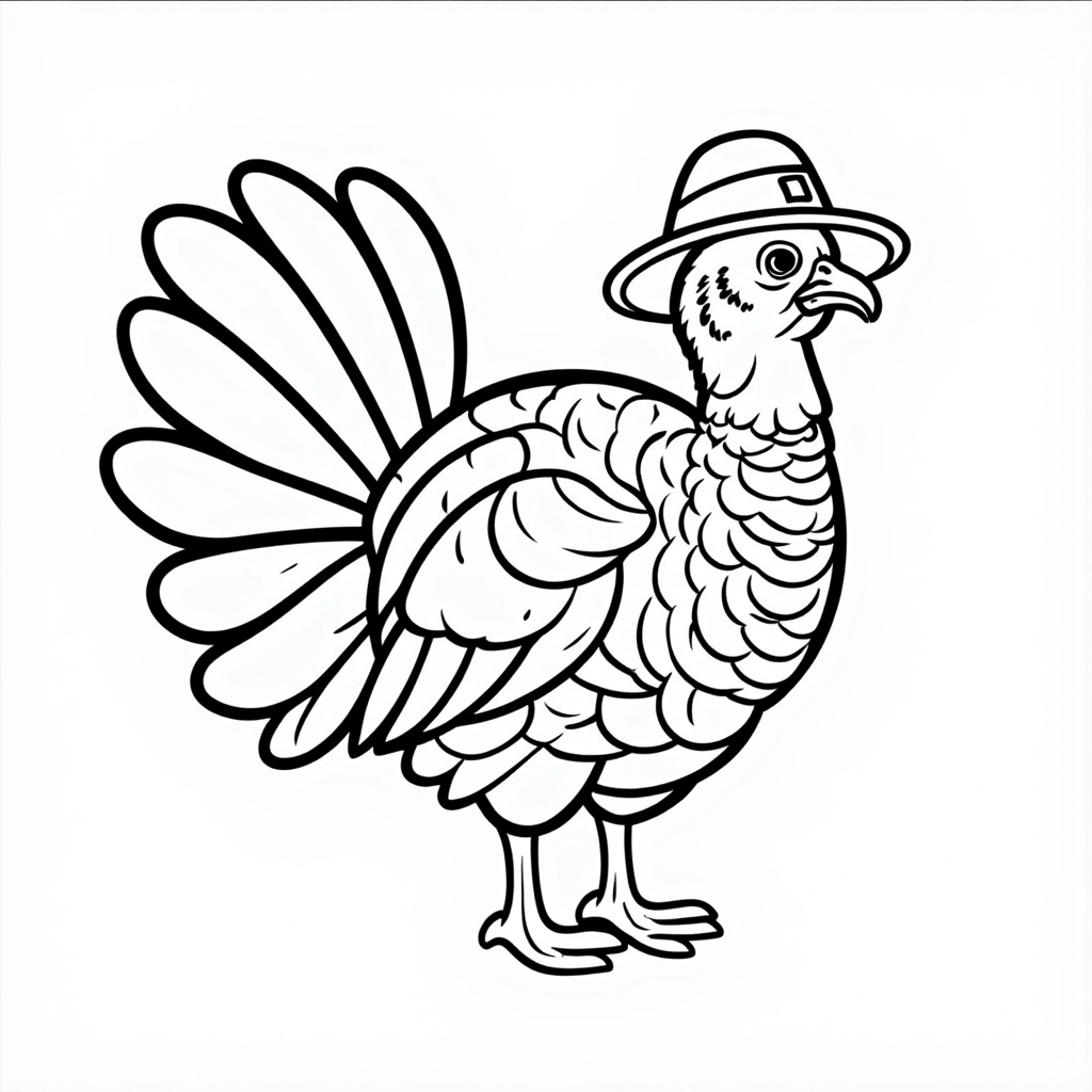 Hand-drawn turkey with a small pilgrim hat and detailed feather shading.