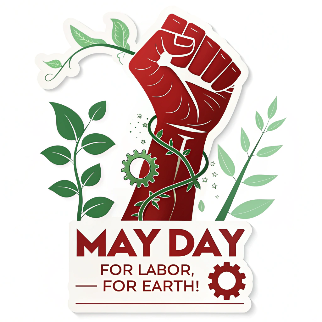 Sticker design idea: A powerful symbol of a red raised fist intertwined with a vibrant green vine that incorporates a subtle gear element. Slogan: 'May Day: For Labor, For Earth!'