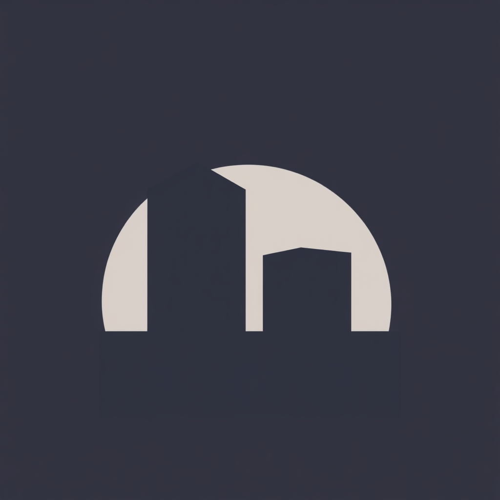 Simple Icon Idea: A highly simplified, bold silhouette of a single abstract building structure, perhaps using just two or three strong geometric shapes, suitable for favicons or app icons.