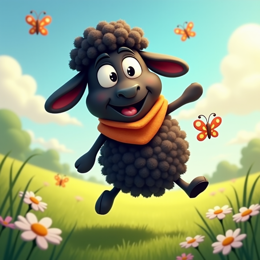 The image shows a cartoon sheep jumping in the air with a scarf around its neck, surrounded by butterflies, flowers, grass, trees, and a sky with clouds in the background.