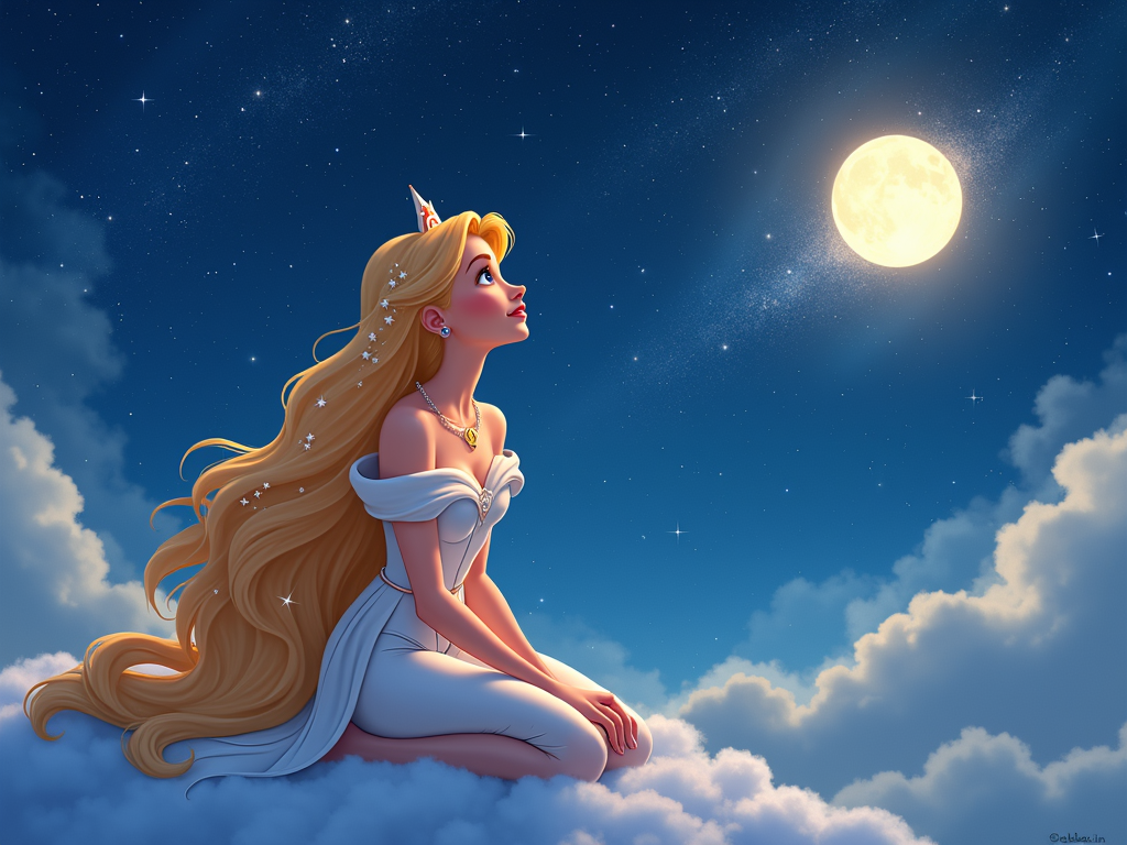 A princess with long, wavy hair interwoven with stars, wearing a crescent moon necklace. She is sitting on a cloud looking up at the night sky.