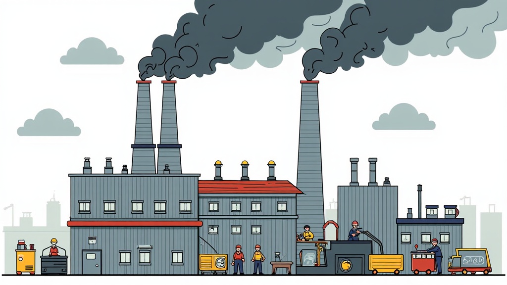 The image is an illustration of a factory with three tall chimneys emitting black smoke. The factory is grey in color and has a red roof. There are several workers on the ground in front of the factory, working on various machines and equipment. The sky is blue with white clouds and there are other buildings in the background. The smoke from the chimneys is billowing up into the sky. The overall mood of the image is one of industrial activity and pollution.