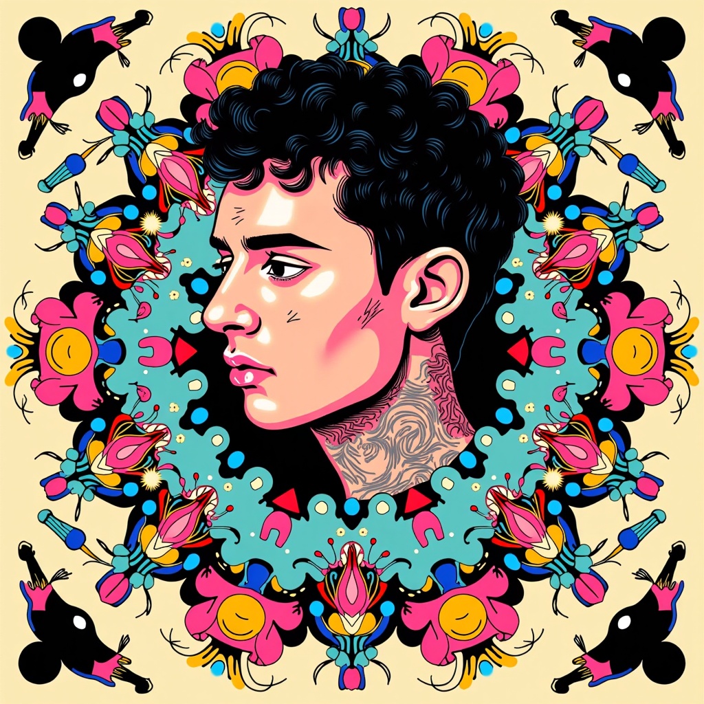 Kaleidoscopic Symphony: Design the poster as if viewed through a kaleidoscope, with fragmented images of Post Malone, musical instruments, and abstract sound-inspired shapes all reflecting and repeating in a mesmerizing, swirling pattern. Focus on symmetry and intricate details.