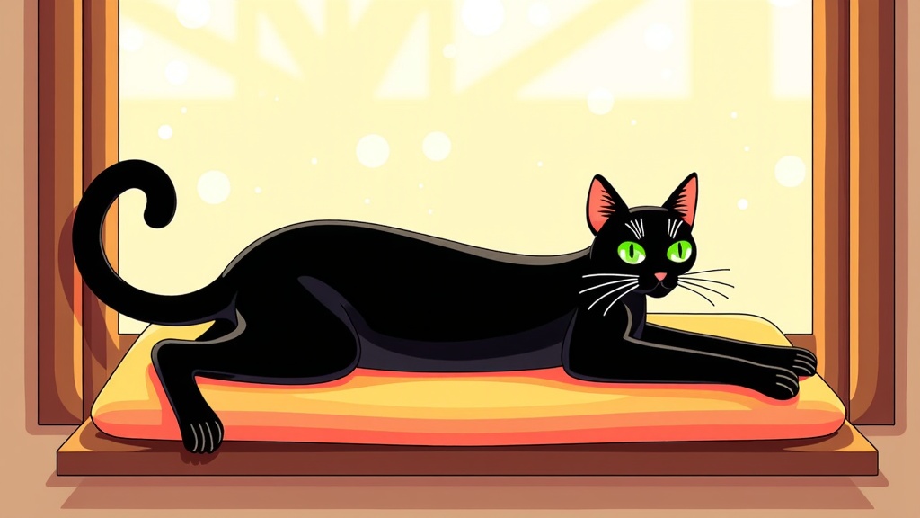 The image is an illustration of a black cat lying on an orange cushion in front of a window. The cat is lying on its side with its body stretched out and its tail curled around its body. It has green eyes and is looking directly at the camera. The window has a wooden frame and the background is a light beige color. The overall mood of the image is peaceful and serene.