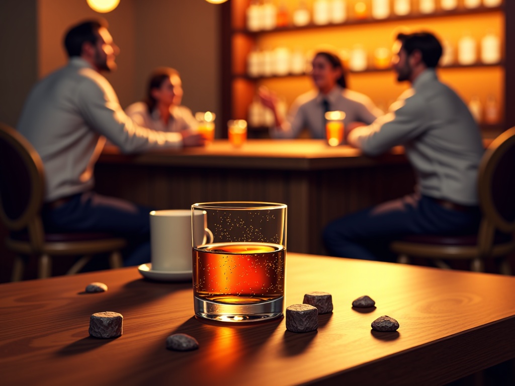  a glass of whiskey on a wooden table in a dimly lit bar. The glass is filled with a golden-colored liquid and there are several small rocks scattered around it. In the background, there are four people sitting at the bar, two men and two women, who appear to be engaged in conversation. The bar counter is visible in the background and there is a shelf of bottles on the right side of the image. The overall atmosphere of the bar is cozy and relaxed.