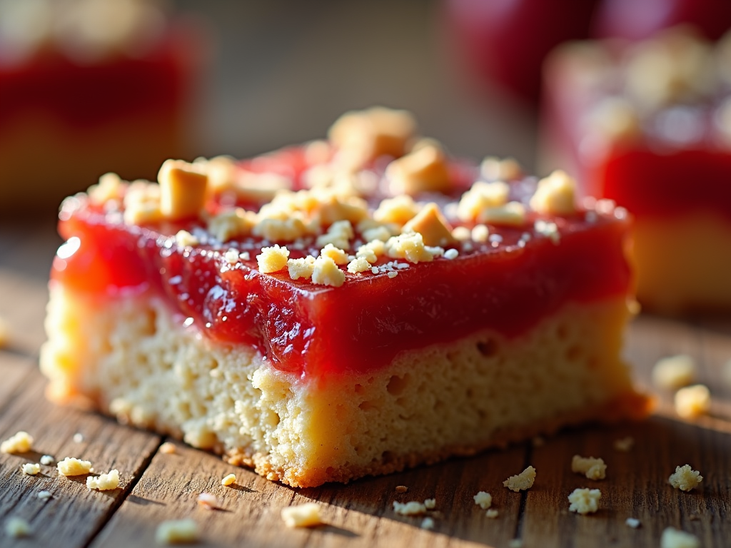 A cookie bar with a shortbread base, topped with a layer of strawberry jam, and sprinkled with crumbled shortbread on top