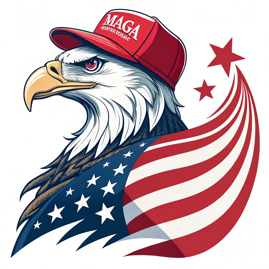 A sticker that depicts a stylized eagle, an American symbol, holding or wearing the MAGA hat, conveying a sense of patriotism.