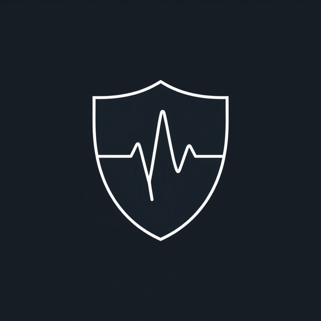 A minimalist shield outline with a single, clean circuit line tracing a pattern like a digital pulse or data path within its boundary.