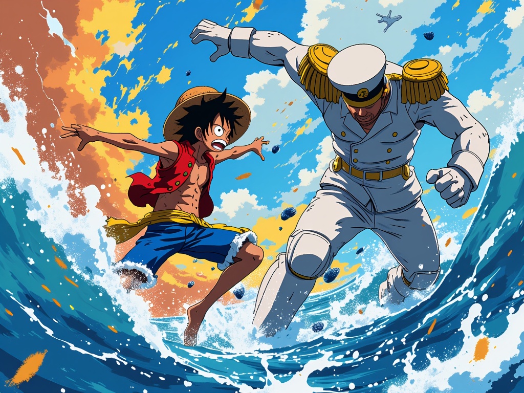 A vivid and enchanting sea-battle scene from One Piece, depicting Luffy clashing with a fierce marine admiral, highlighting the stakes of their epic journey.