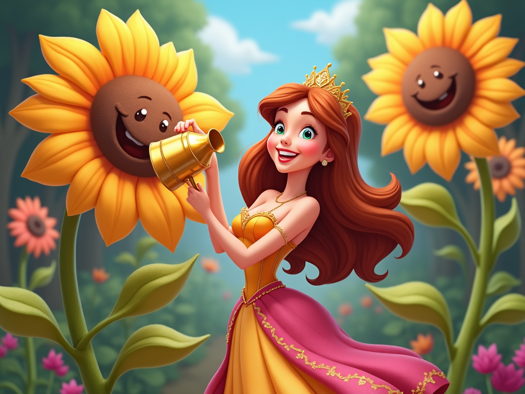 A princess wearing a tiara slightly askew, holding a watering can, and playfully 'watering' giant, smiling flowers.