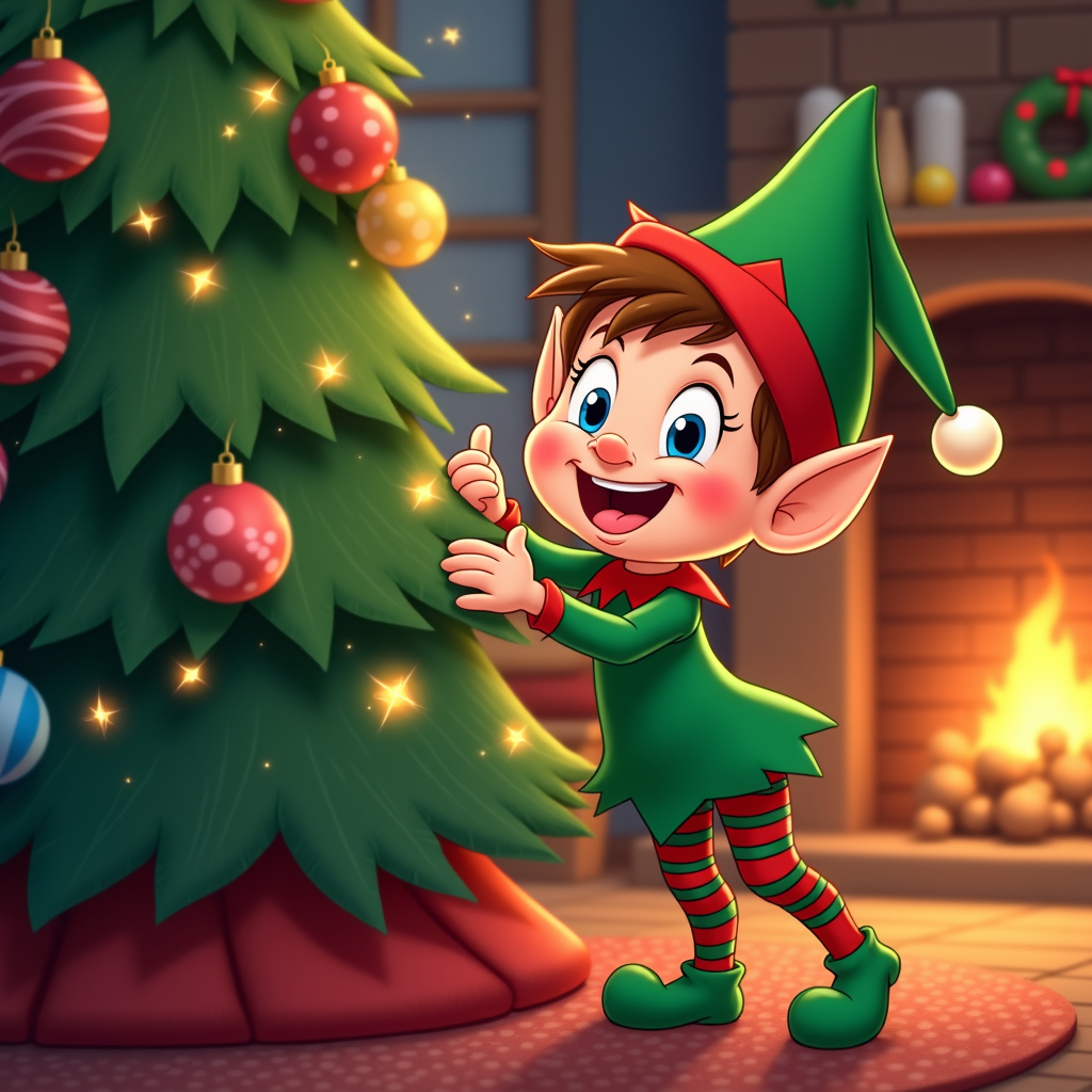  a cartoon Christmas elf standing in front of a large Christmas tree. The elf is wearing a green outfit with red and green striped pants and a red hat with a white pom-pom on top. He has a big smile on his face and is holding a white ball in his right hand. The tree is decorated with colorful ornaments and lights, and there is a fireplace in the background with a wreath hanging on the mantle. The floor is covered with a red rug. The overall mood of the image is cheerful and festive.