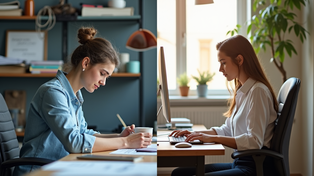 Create a split-image poster showing 'Before' (poor posture, cluttered desk, visible discomfort) and 'After' (correct ergonomic posture, organized workspace, comfortable employee). Headline: 'Adjust Your Space, Ace Your Day'.