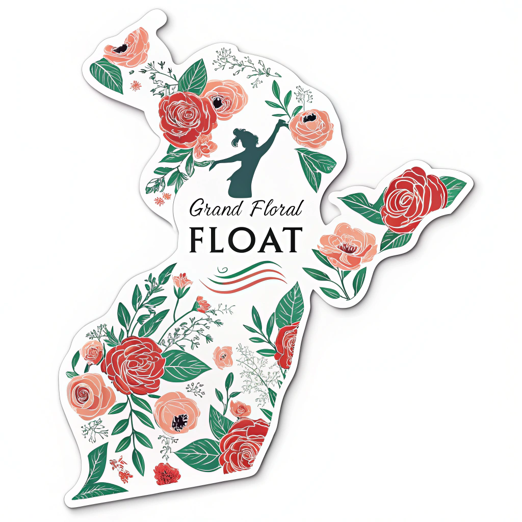 A die-cut sticker shaped like the silhouette of a particularly impressive float, filled with a pattern of blooming roses and green foliage. Minimal text: 'Grand Floral Float'.