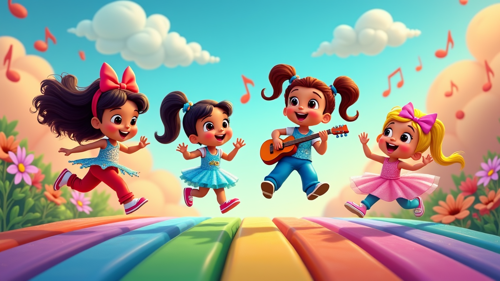 A musical cartoon where each part of the rainbow road has a distinct musical theme, with the characters singing and dancing their way through various whimsical challenges.