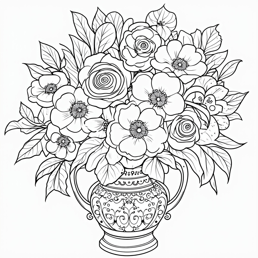 A lush bouquet of classic flowers like roses, lilies, and peonies, artfully arranged in an ornate, vintage-inspired vase. The page would emphasize detailed petals and intricate vase patterns, inviting careful coloring.