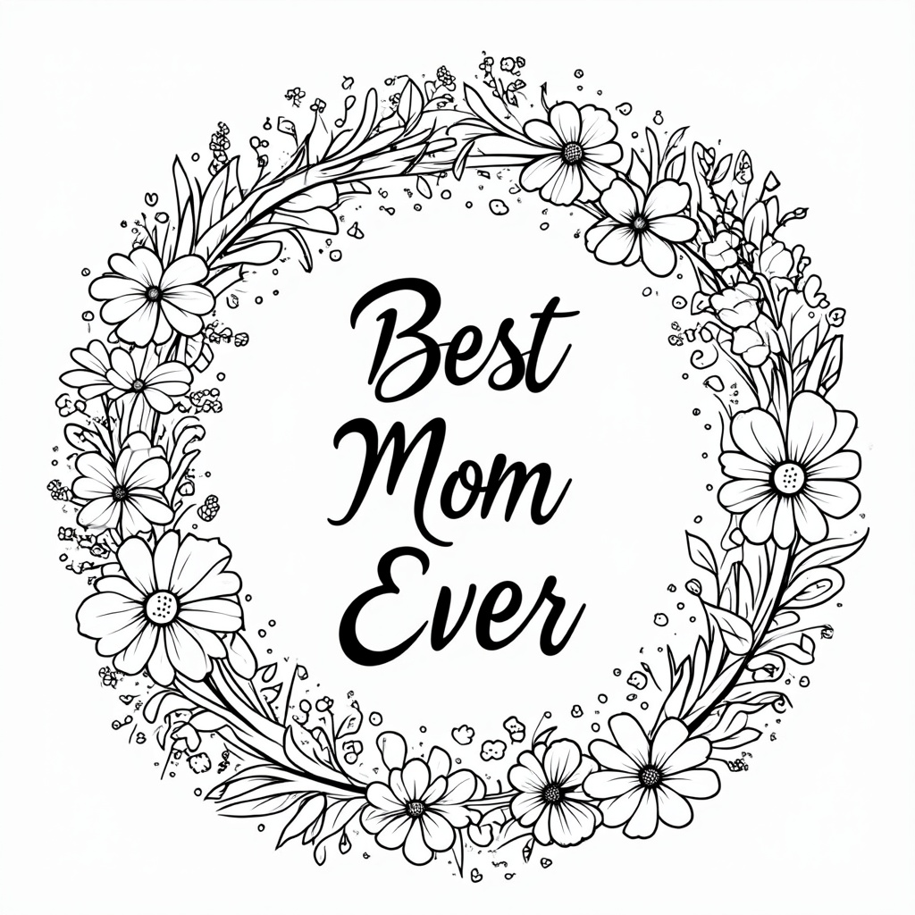 An elegant circular wreath composed of delicate wildflowers such as lavender, daisies, and baby's breath. The design could incorporate a gracefully lettered 'Best Mom Ever' or 'Happy Mother's Day' phrase woven into the floral elements.