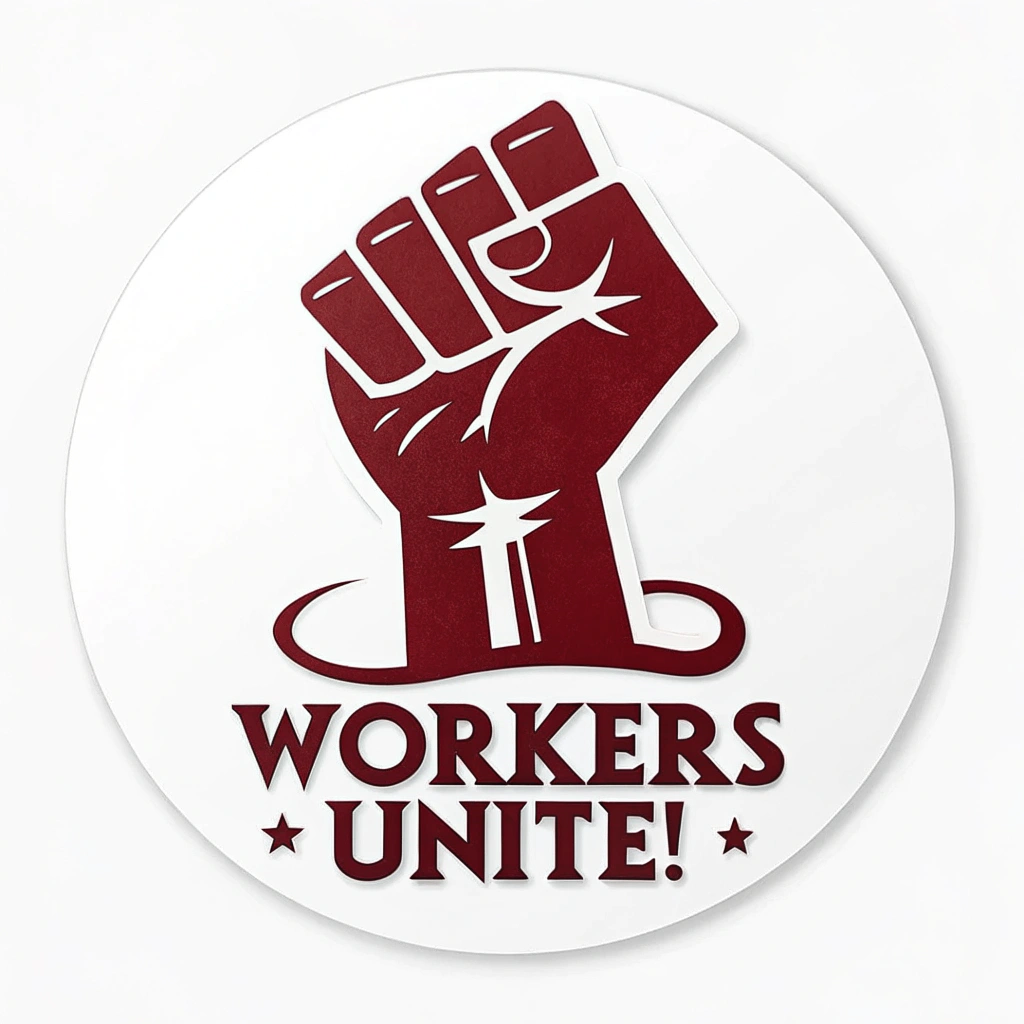 Classic Bold: A solid black or red raised fist silhouette. The text 'Workers Unite!' in a strong, contrasting sans-serif font, possibly arched. Background could be white, red, or yellow. Circular or die-cut fist shape.