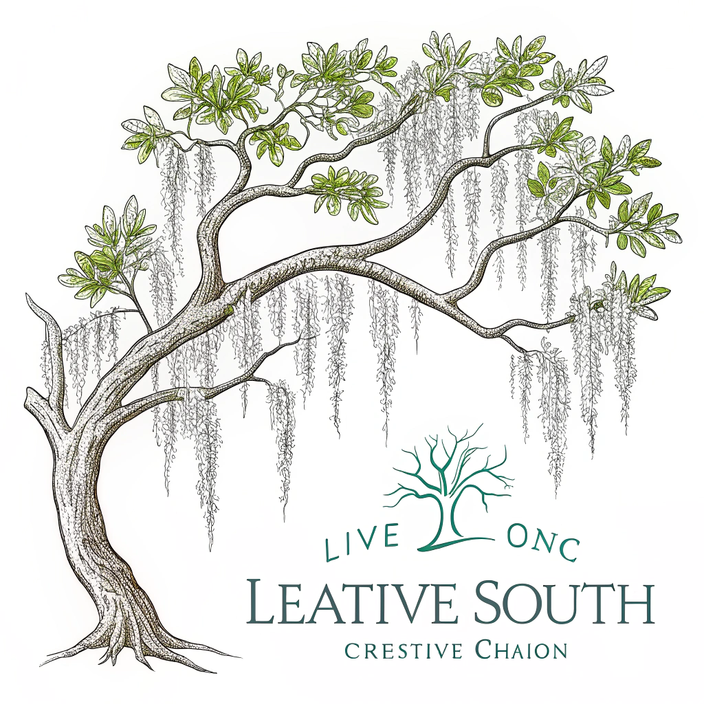 5. A minimalist line drawing of a live oak branch with Spanish moss, capturing the Southern charm and artistic inspiration found at Creative South.