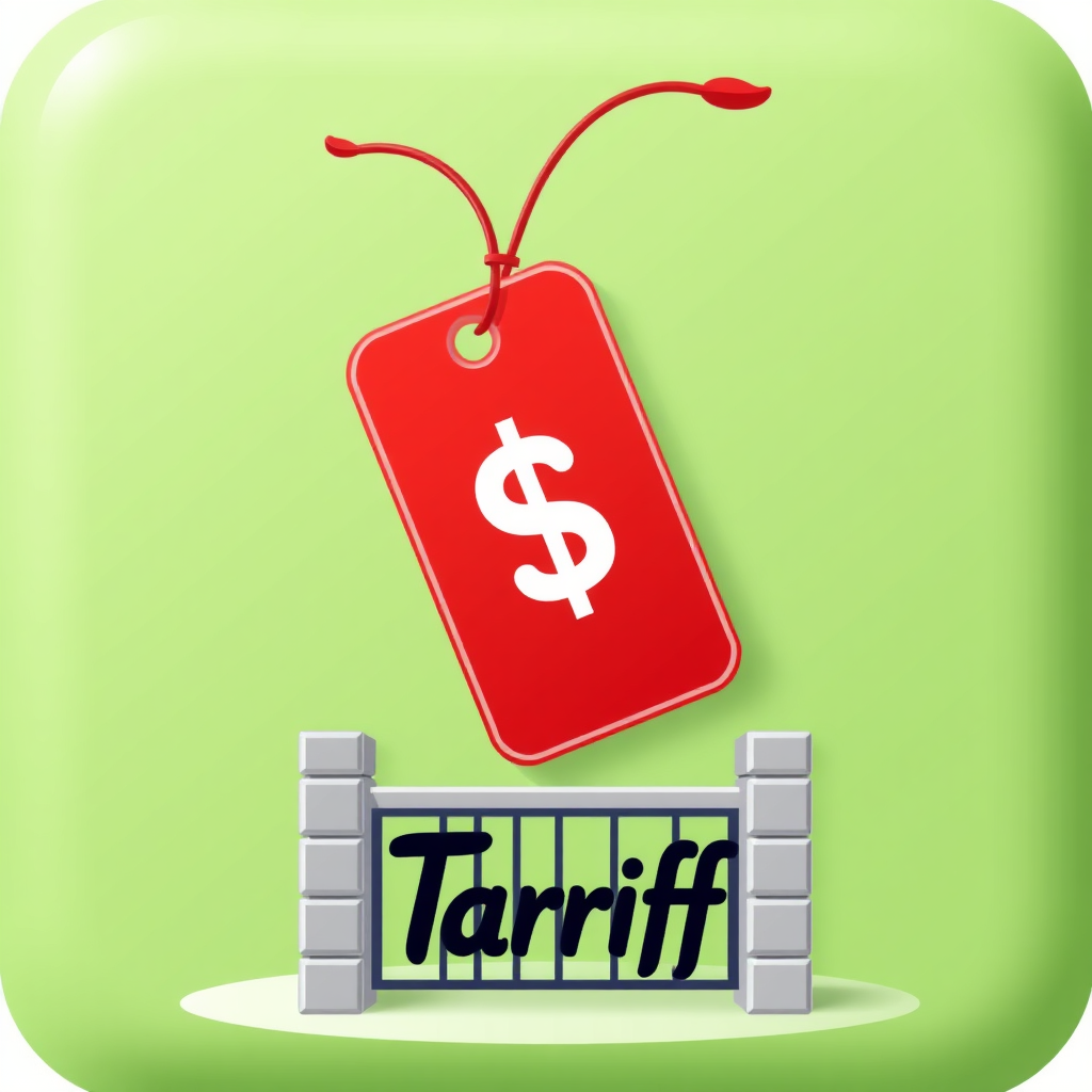 Icon depicting a price tag that is visibly stretching upwards or inflating. A graphical representation of a tariff barrier (e.g., a stylized gate or wall with 'Tariff' text) is shown at its base, causing the price increase.