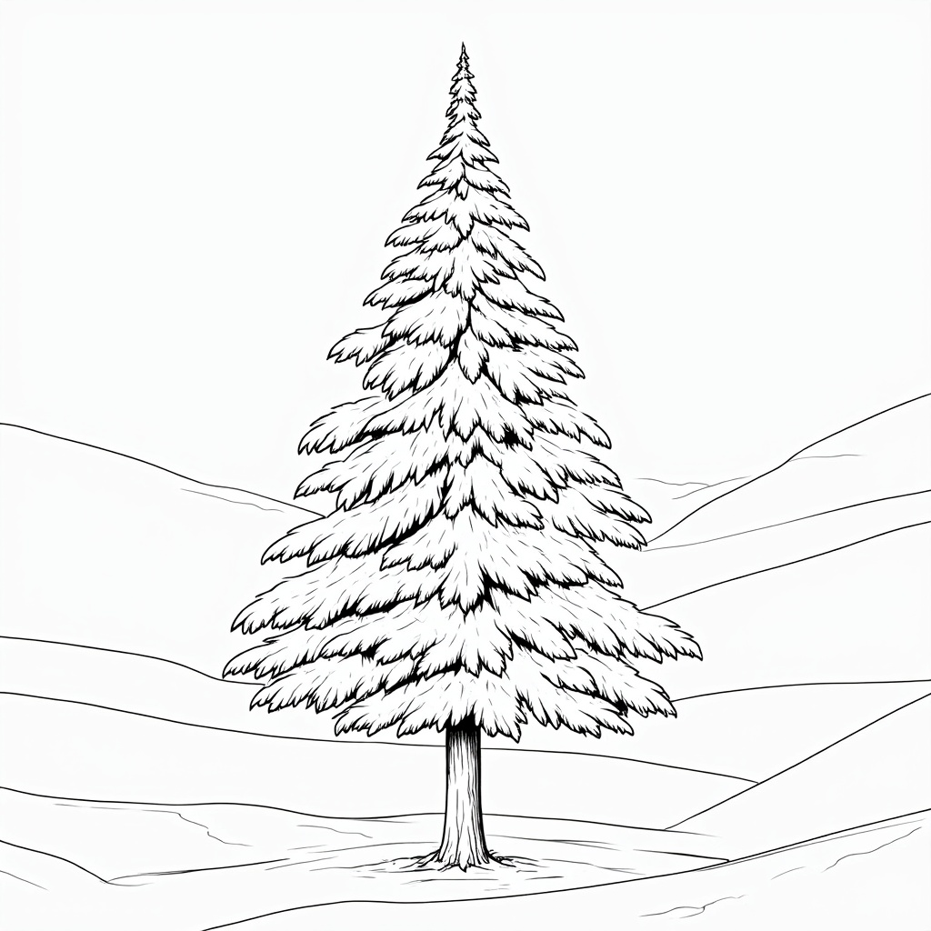 The image is a black and white line drawing of a tall pine tree in the middle of a snowy landscape. The tree is standing alone in the center of the image, with its trunk and branches reaching upwards towards the sky. The branches are covered in a thick layer of snow, and the tree appears to be tall and slender. The background is a vast expanse of snow-covered hills and valleys, with a few patches of grass and shrubs scattered throughout. The overall mood of the scene is peaceful and serene.