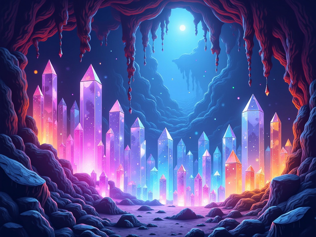 Subterranean ethereal crystal caves where AI illustrates dynamic, shifting light patterns refracting through impossible, glowing crystal formations.