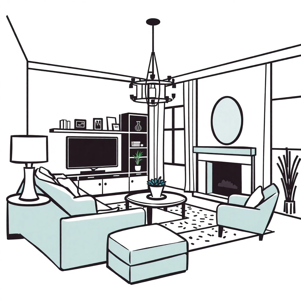 The image is a black and white line drawing of a living room. The room has a large window on the right side, allowing natural light to enter the space. On the left side, there is a sofa with two armchairs and a coffee table in front of it. Above the sofa, there are shelves with various decorative items and a flat-screen TV mounted on the wall. A chandelier hangs from the ceiling, adding a touch of elegance to the room. In the center of the room is a fireplace with a round mirror above it. The floor is covered with a patterned rug, and there are two potted plants on either side of the fireplace.