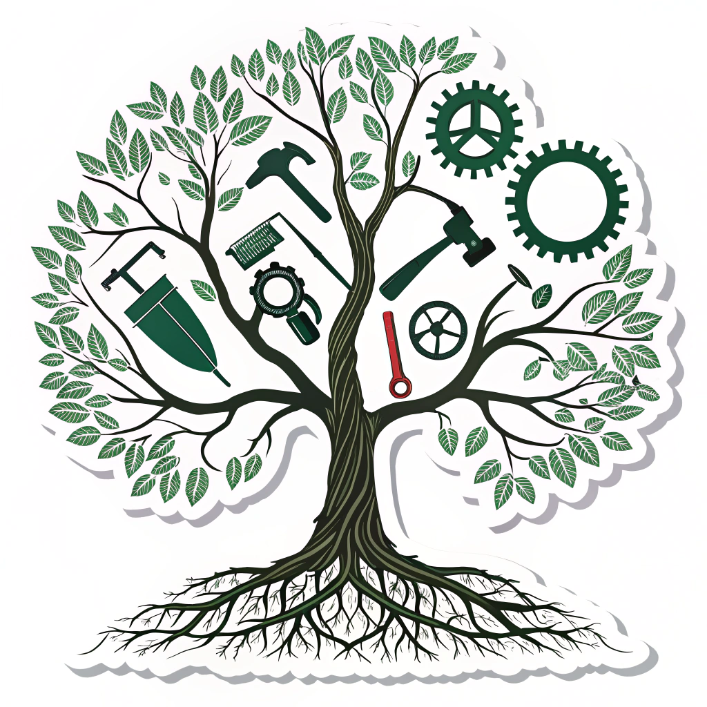 A silhouette of a strong tree, where the branches are formed from the distinct shapes of various tools of trade (e.g., a paintbrush branch, a hoe branch, a gear branch), all stemming from a unified trunk representing shared worker roots and mutual support.
