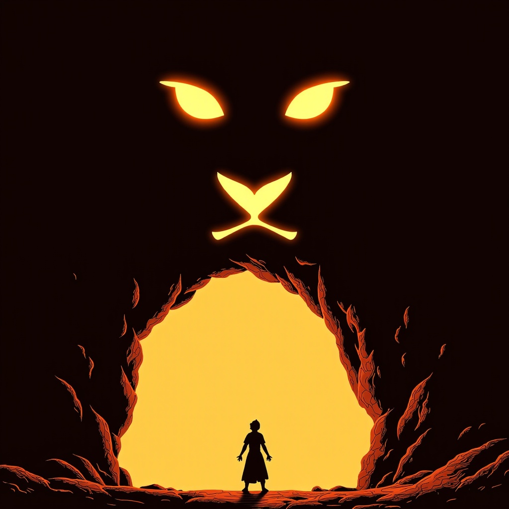 A simplified, highly symbolic illustration: a stark, glowing cave mouth (stylized perhaps as a lion's head emblem or a mysterious archway) dominating the frame. A small, silhouetted figure of Aladdin stands before it, creating a strong contrast and iconic moment of discovery, suitable for a more emblematic or minimalist design.