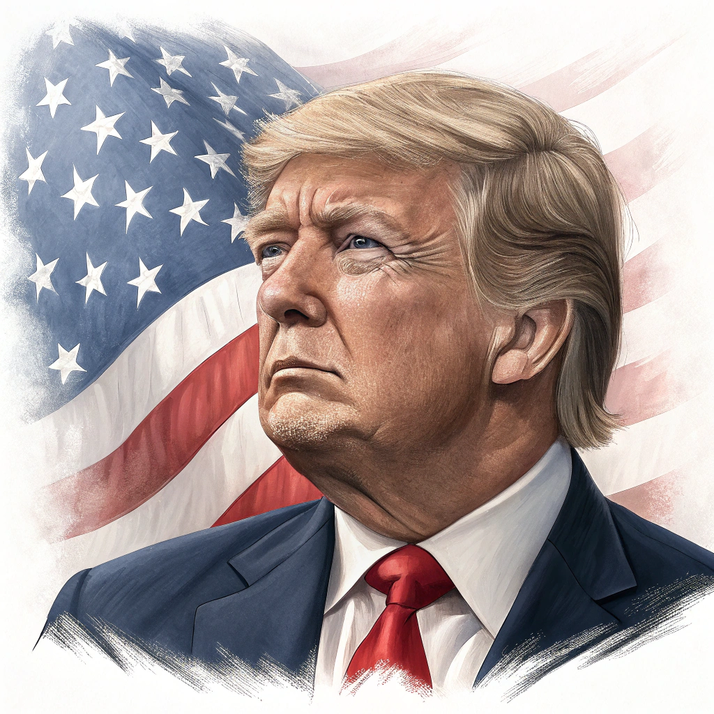 A sticker showing a more serious, photorealistic portrait of Donald Trump, perhaps with an American flag in the background.