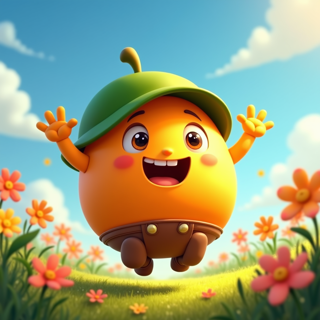 The image is a digital illustration of a cartoon character in a field of flowers. The character is orange in color and is wearing a green hat with a yellow pom-pom on top. It has a big smile on its face and its arms are stretched out to the sides, as if it is dancing or waving. The background is a bright blue sky with white clouds. The field is filled with orange and pink flowers, and there is a green grassy field in the foreground. The overall mood of the image is cheerful and playful.