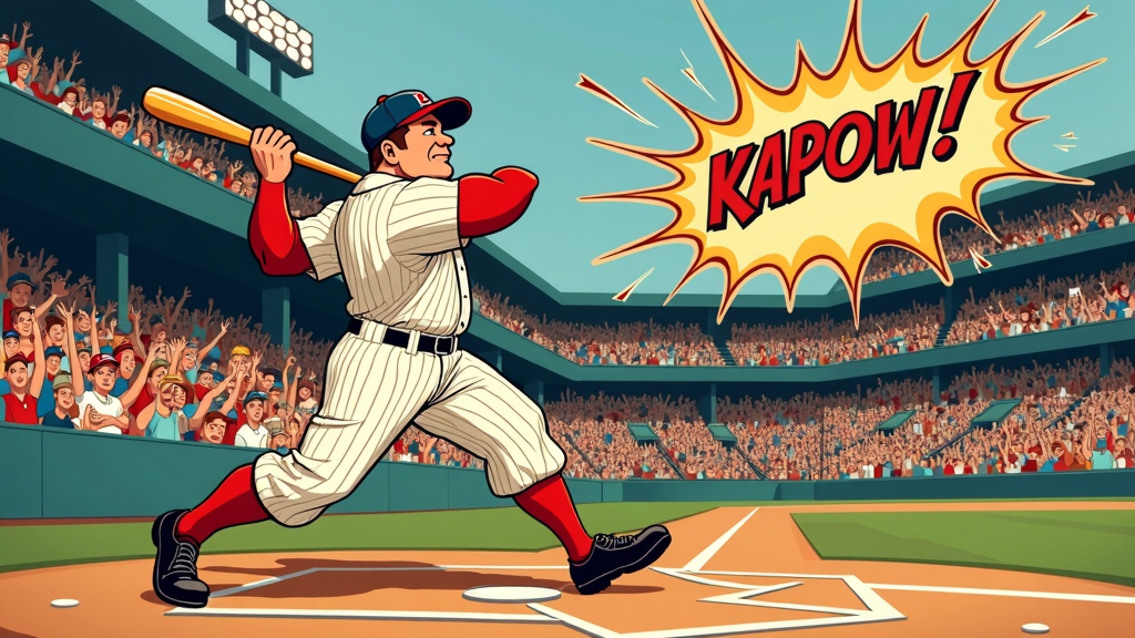 Babe Ruth in a classic 'heroic pose' mid-swing, with dynamic speed lines and a 'KAPOW!' or 'CRACK!' sound effect in bold comic lettering. The background could be a stylized, cheering crowd rendered with Ben Day dots for a vintage feel.