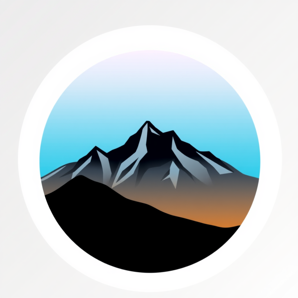 A circular icon featuring a mountain range silhouette against a gradient sky background, suggesting vastness and exploration. The gradient could transition from light blue to a warmer sunset color.