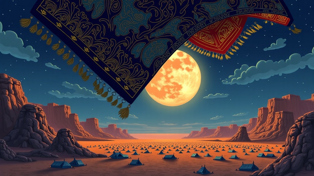 A low-angle perspective emphasizing the grandeur of the carpet soaring high, with the vast, moonlit desert city sprawling beneath. The moon could be large and central, casting dramatic shadows.