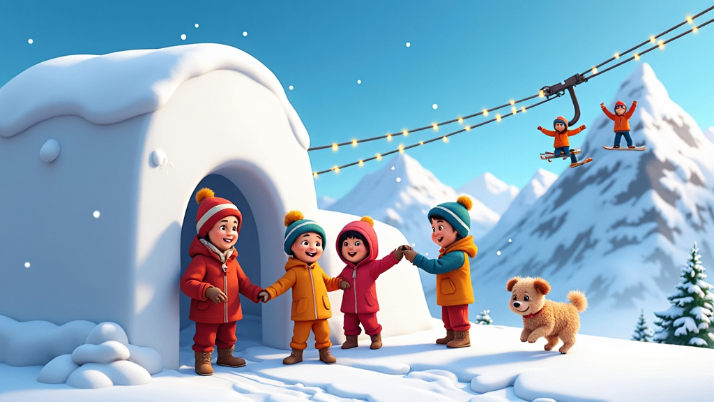 A cheerful snow-covered mountain scene where a cartoon family and their fluffy dog build a snow fort. Laughter echoes as they engage in a friendly snowball fight. In the distance, a cable car adorned with twinkling lights climbs a peak, carrying skiers excited for winter fun.