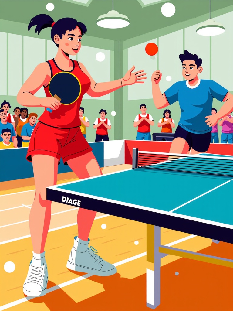  a young man and woman playing table tennis in a large indoor court. The woman is wearing a red tank top and shorts and is holding a ping pong paddle in her left hand. She is standing in front of the table tennis table and is about to hit the ball with her right hand. The man is also wearing a blue t-shirt and shorts. They are both smiling and appear to be enjoying themselves. In the background, there are other players and spectators watching the game. The court is brightly lit with natural light coming in from the windows.