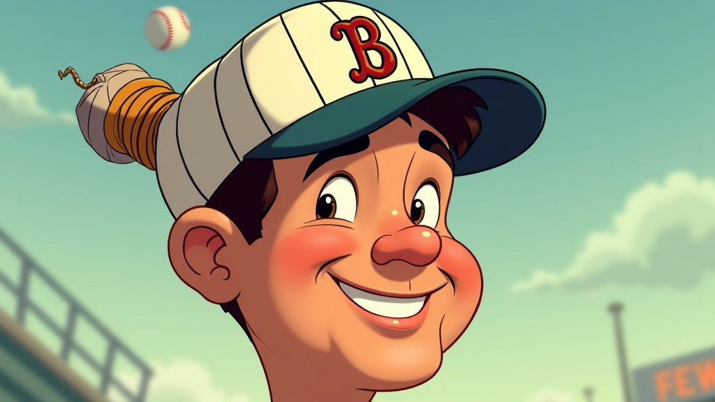 Simple Icon Idea: A cartoon Babe Ruth head wearing a pinstripe baseball cap, with a small, ornate sultan's turban comically wrapped around the cap. Features a wide, joyful grin and a twinkle in his eye.