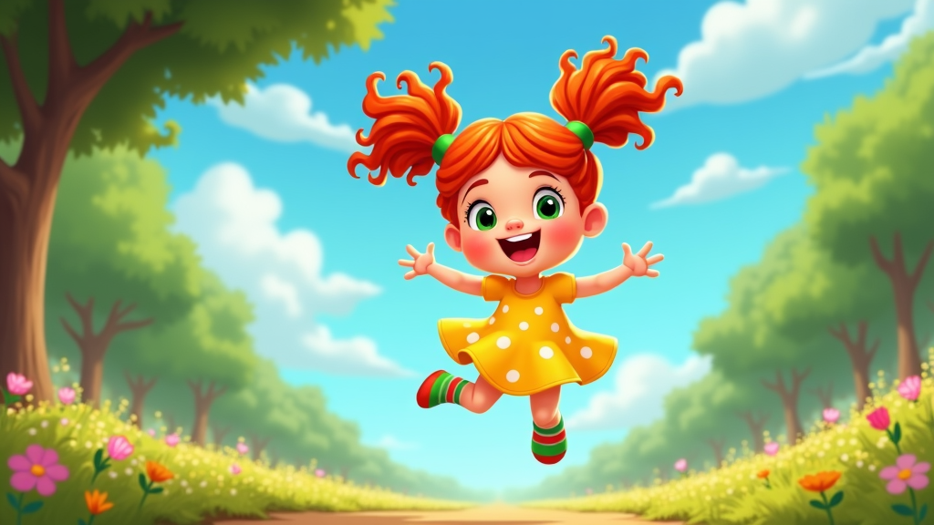  a young girl with red hair and green eyes, wearing a yellow dress with white polka dots and striped shoes. She is jumping in the air with her arms stretched out wide and a big smile on her face. The background is a beautiful landscape with trees, flowers, and a dirt road. The sky is blue with white clouds. The overall mood of the image is cheerful and playful.