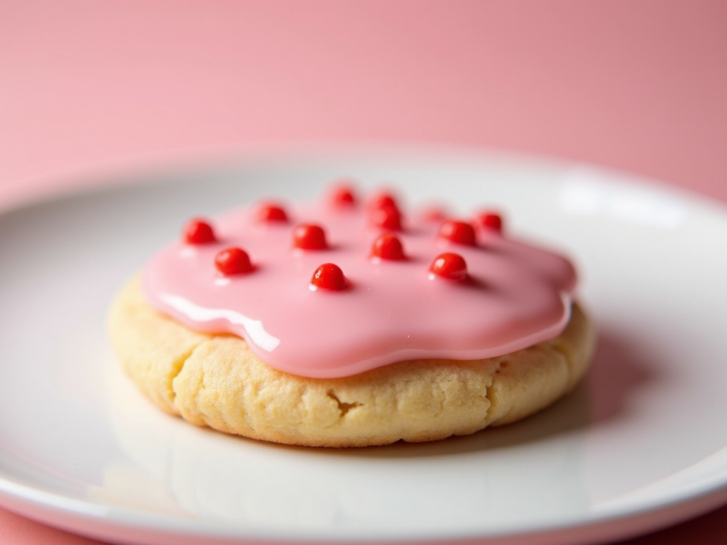 A cookie with a pink glaze and small red dots to resemble a strawberry