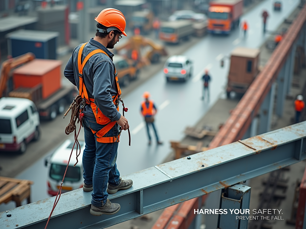 Construction Fall Protection Poster: Depict a worker correctly wearing a full-body harness, securely attached to an anchor point while working at height. Use a background showing a construction site. Contrast the safe worker with a faint outline or shadow representing a potential fall. Slogan: 'Harness Your Safety. Prevent the Fall'.