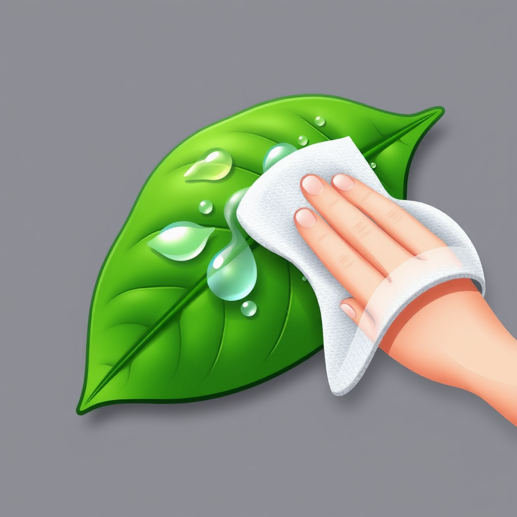 A green leaf with water droplets being cleaned by a sparkling cloth.