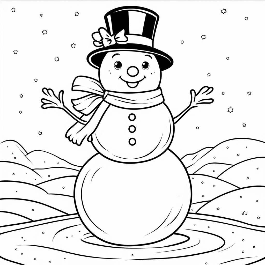 The image shows a snowman with a top hat and scarf standing in the snow. The snowman is surrounded by a wintery landscape with snowflakes falling from the sky and a few trees in the background. There is a watermark on the image, indicating that it is a free printable coloring page.