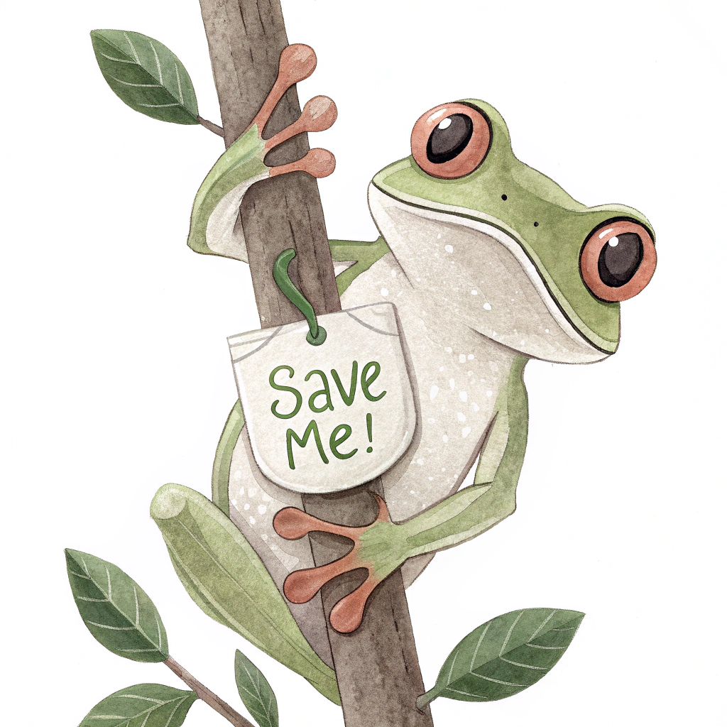 A stylized tree frog clinging vertically to a branch, looking directly at the viewer, holding a tiny leaf sign with 'Save Me!' written delicately on it.