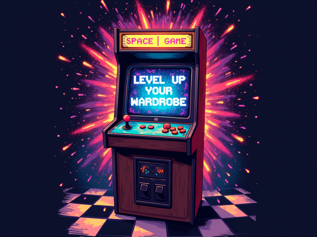 An illustration of a vintage arcade cabinet where its screen is exploding with colorful pixel glitches and static. The game title on the marquee could be 'Level Up Your Wardrobe', rendered in a Famicom-era font with some pixel distortion.